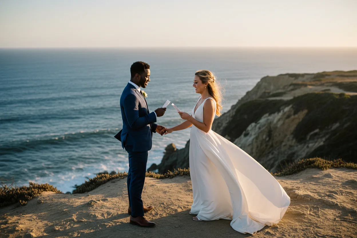 Los Angeles elopement photographer image of a couple reading vows on a sea cliff at golden hour