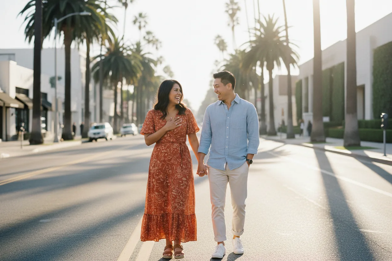 Los Angeles engagement photographer image of a couple laughing on a palm-lined street at golden hour