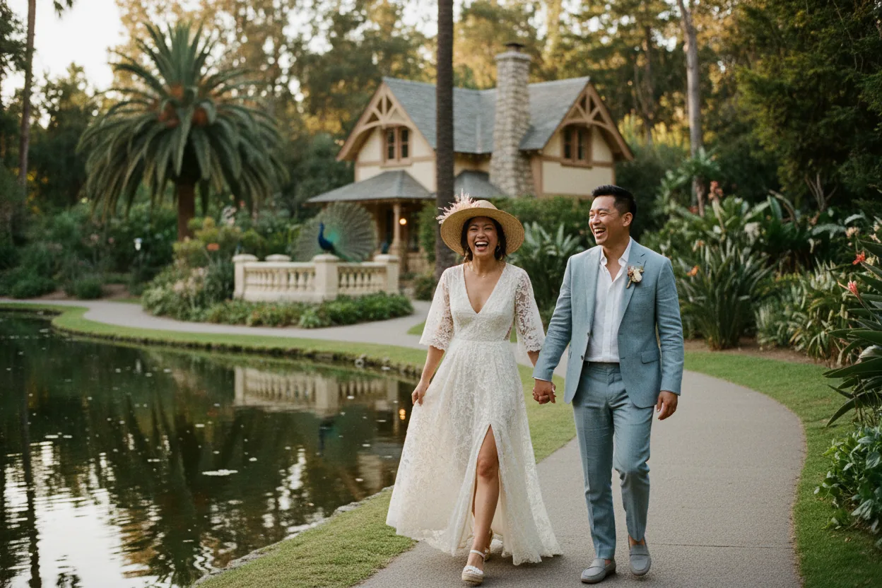 Wedding Photographer in Arcadia, CA: newlyweds walking together beside a lake in a lush botanical arboretum with a Victorian cottage and a peacock, Arcadia