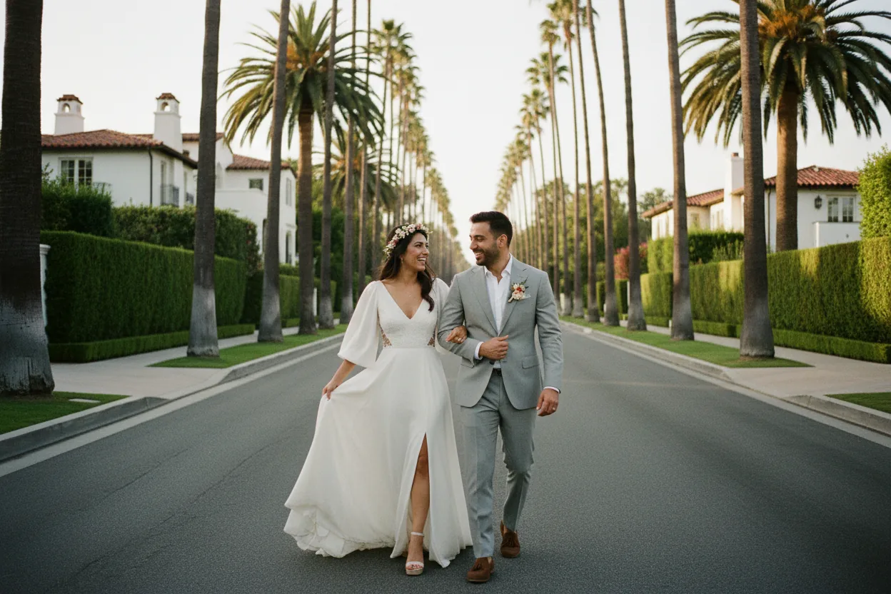 Wedding Photographer in Beverly Hills, CA: newlyweds walking together on a palm-lined Beverly Hills boulevard with manicured hedges and white Mediterranean villas