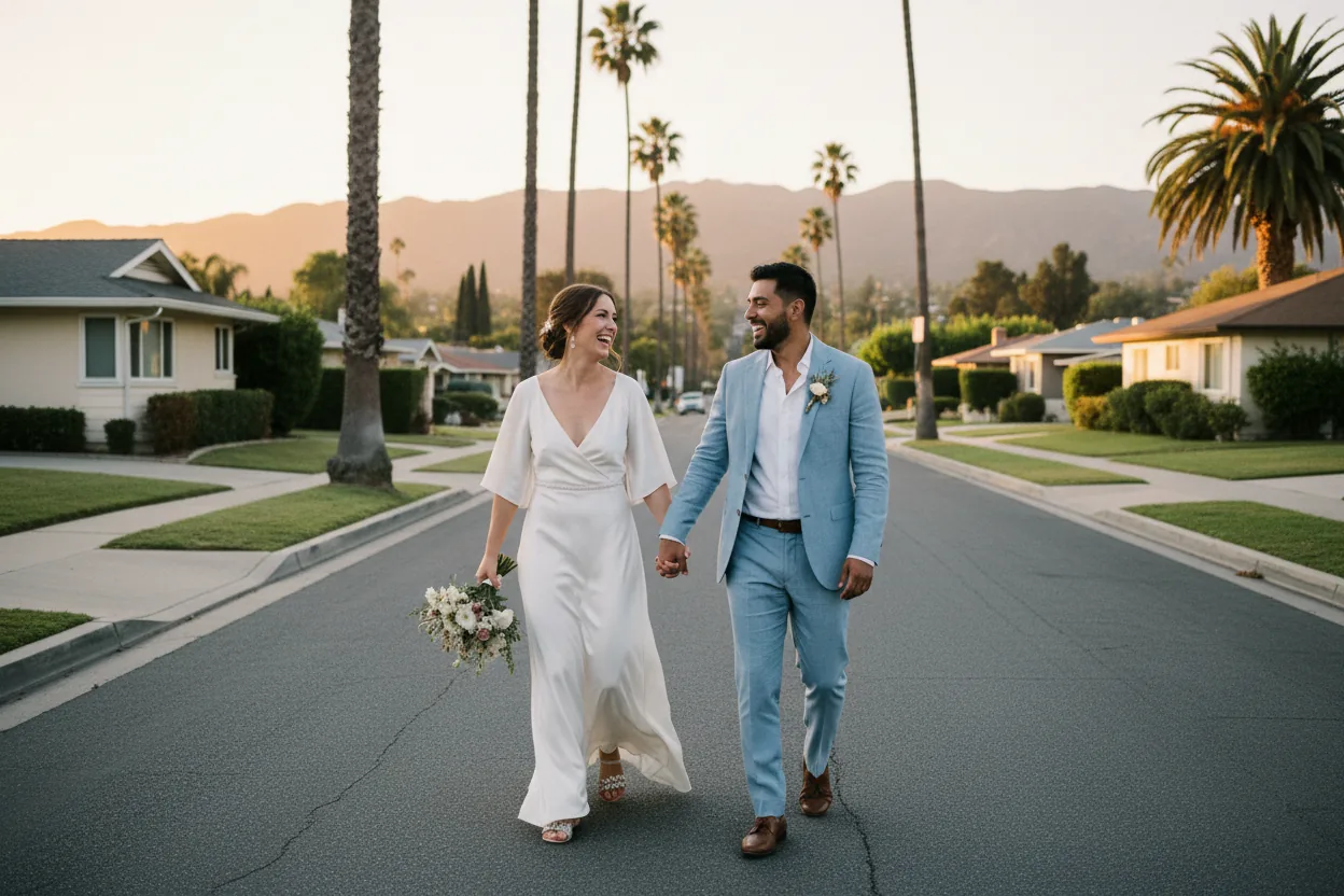 Wedding Photographer in Burbank, CA: newlyweds walking together on a mid-century residential street in Burbank with the Verdugo hills glowing at golden hour