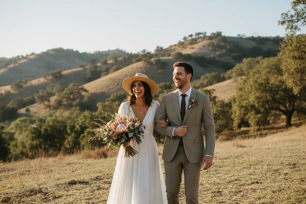 Wedding Photographer in Calabasas, CA: newlyweds walking together among oak-studded golden hills on a rustic ranch in Calabasas