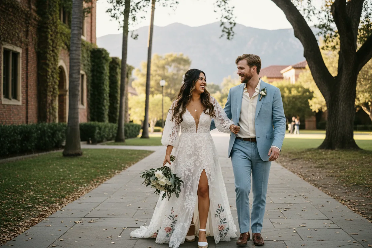 Wedding Photographer in Claremont, CA: newlyweds walking together on a tree-lined college-town campus walkway with ivy-covered brick and mountains, Claremont