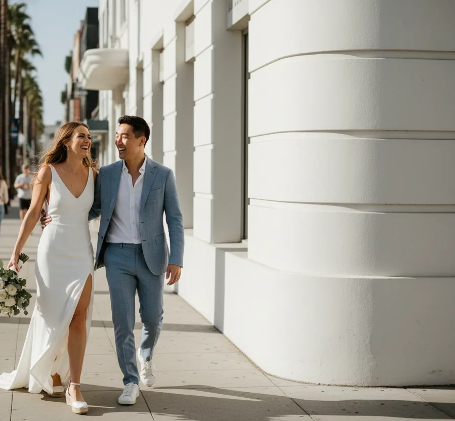 Wedding Photographer in Culver City, CA: newlyweds walking together past a curved white streamline art deco facade with plain walls and no lettering on a sunny Culver City sidewalk