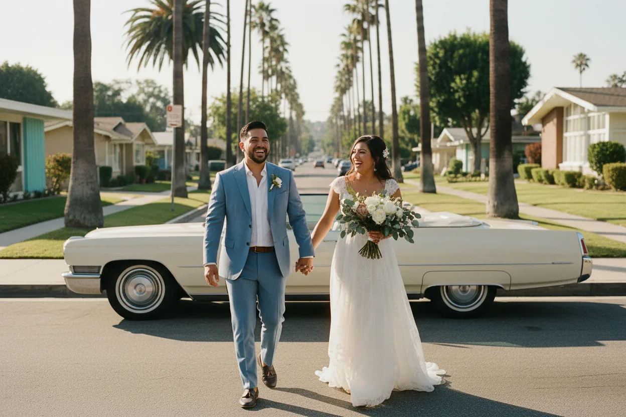 Affordable wedding photographer Los Angeles: couple walking past a vintage convertible on a palm-lined street