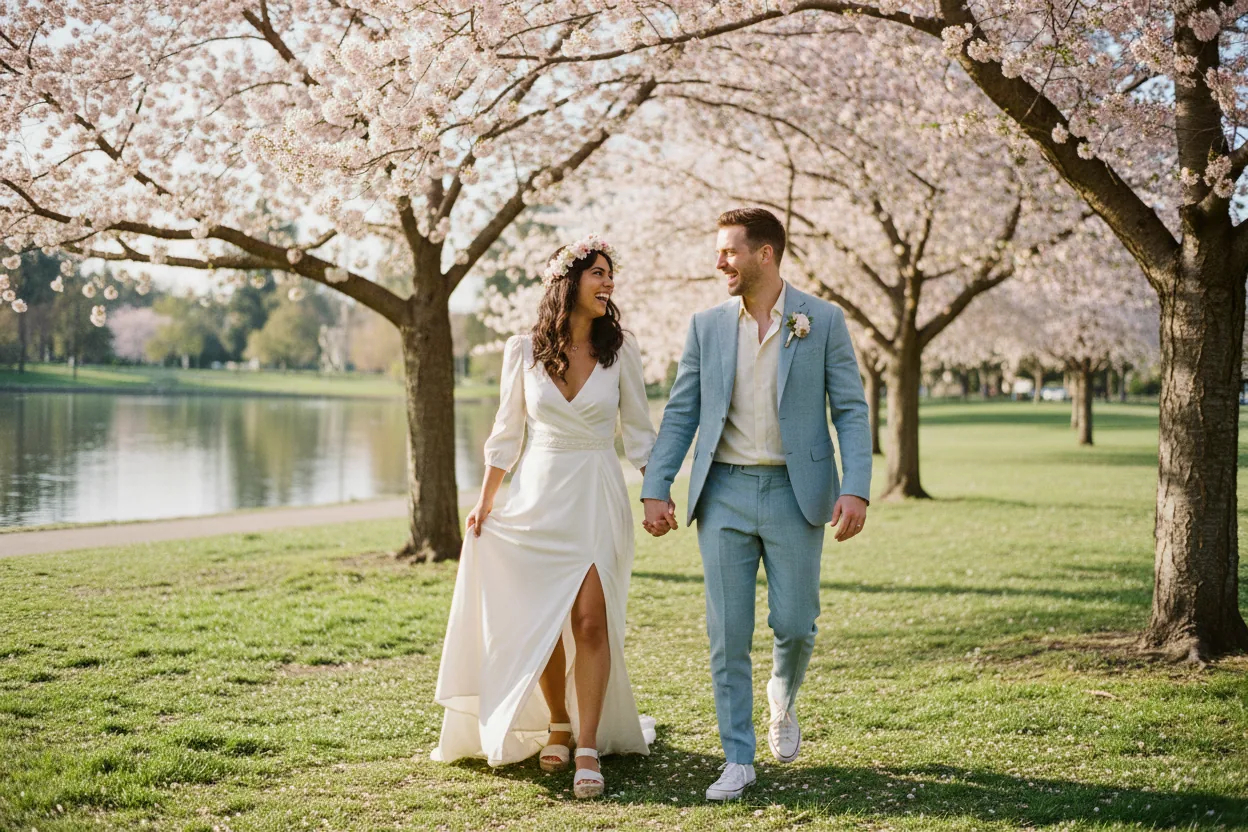 Wedding Photographer in Encino: newlyweds walking together under blooming cherry trees beside a lake in a park, Encino