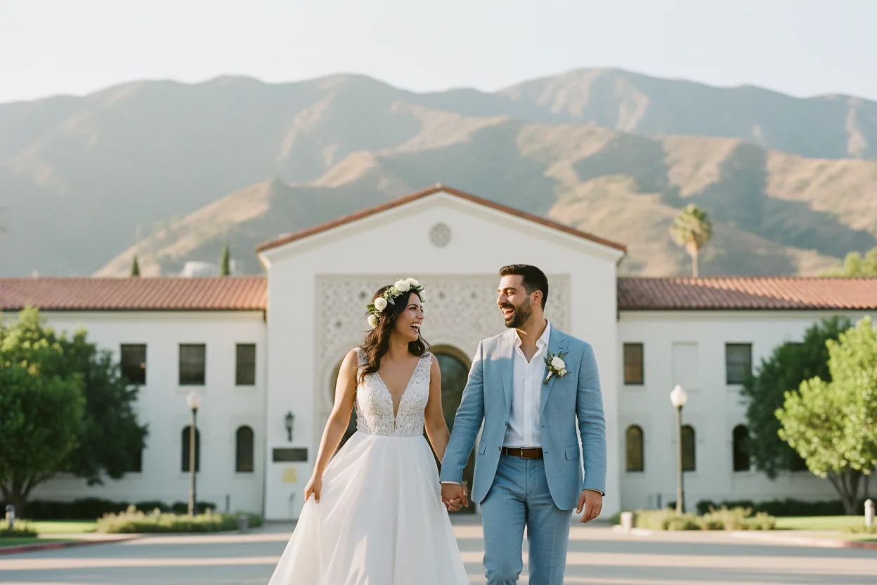 Wedding Photographer in Glendale, CA: newlyweds walking together in front of a white Moorish-style library building with arches and the Verdugo Mountains behind, Glendale