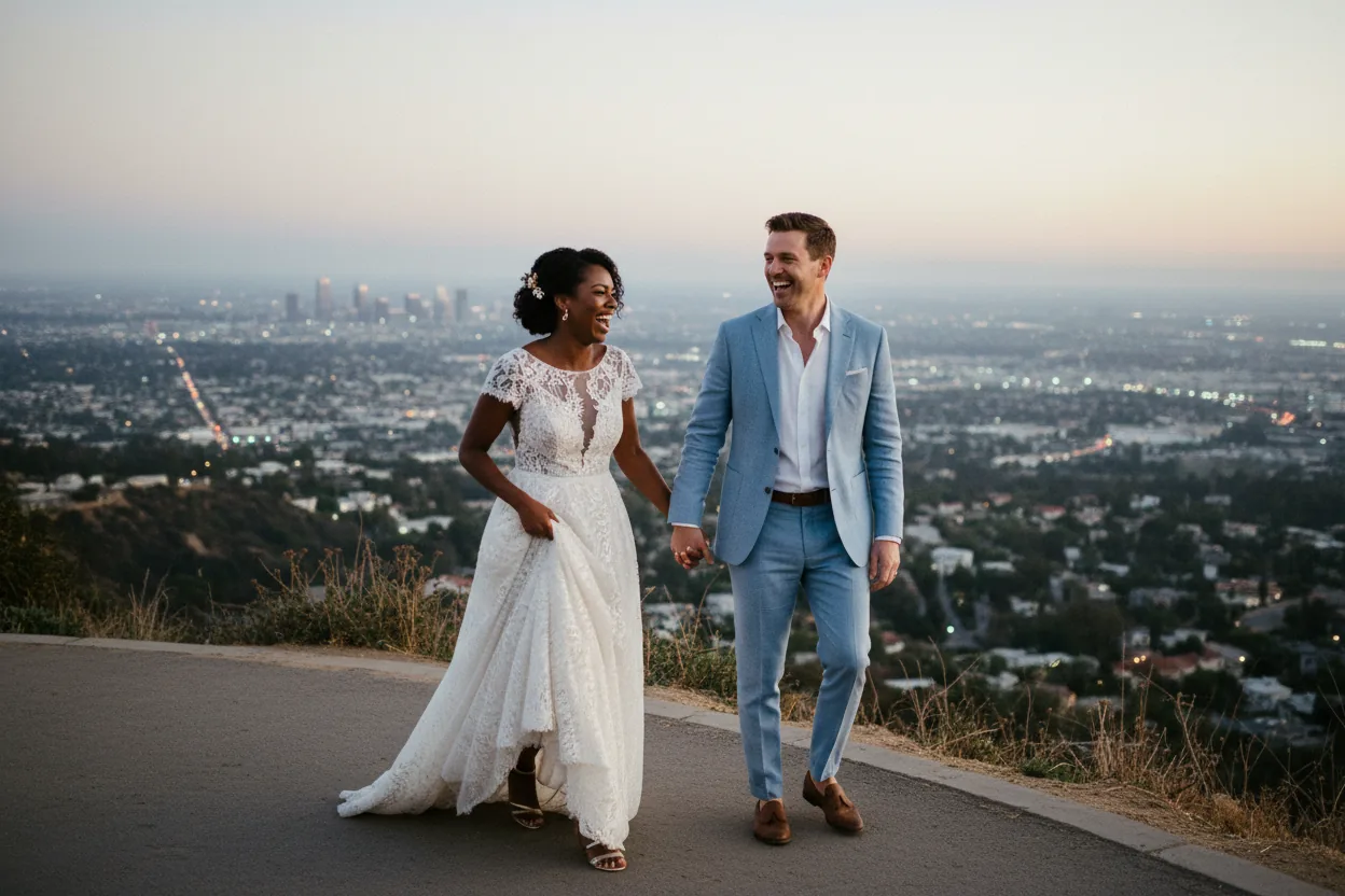Wedding Photographer in Hollywood: newlyweds walking together on a Hollywood Hills overlook with the Los Angeles basin glowing at dusk, no signs