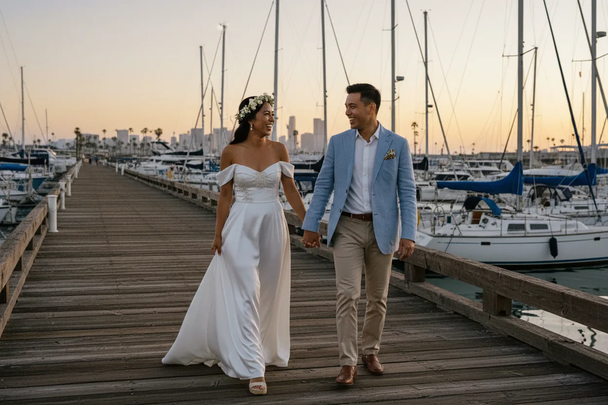 Wedding Photographer in Long Beach, CA: newlyweds walking together along a Long Beach waterfront marina with sailboats at sunset