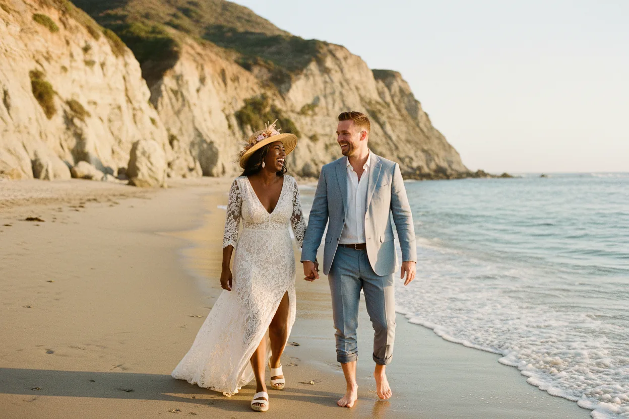 Wedding Photographer in Malibu, CA: newlyweds walking together on a Malibu beach below pale sandstone sea cliffs at golden hour