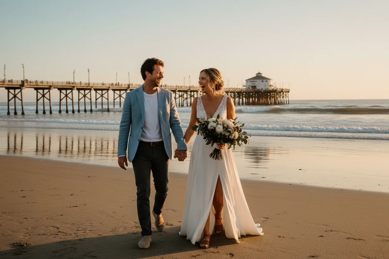 Wedding Photographer in Manhattan Beach, CA: newlyweds walking together on Manhattan Beach sand near a long concrete pier with a round building at its end, sunset
