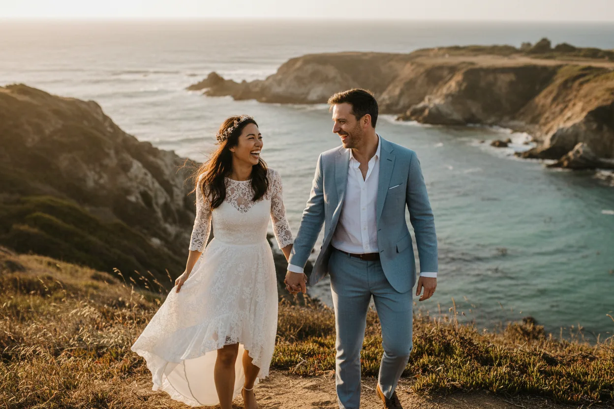 Wedding Photographer in Palos Verdes, CA: newlyweds walking together on rugged Palos Verdes coastal cliffs above turquoise coves