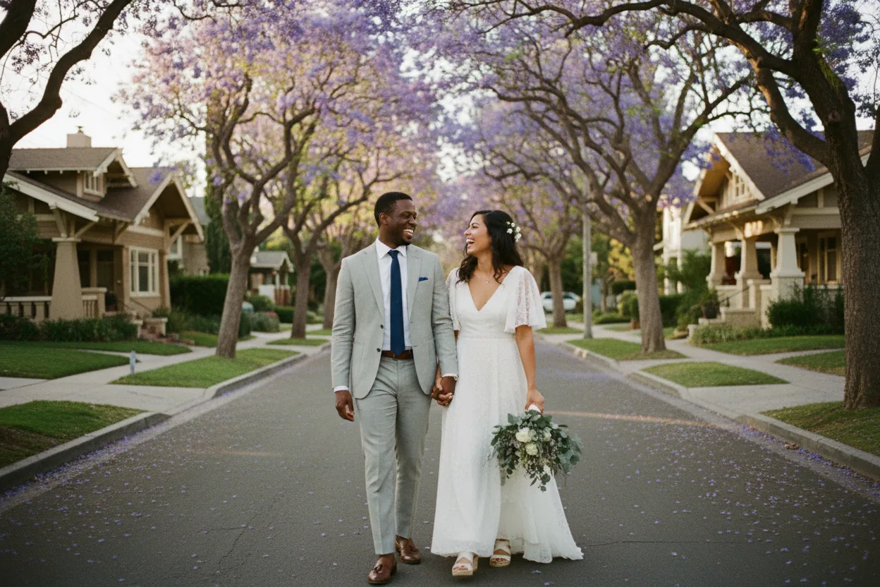 Wedding Photographer in Pasadena, CA: newlyweds walking together under purple jacaranda trees on a quiet Pasadena street lined with Craftsman bungalows