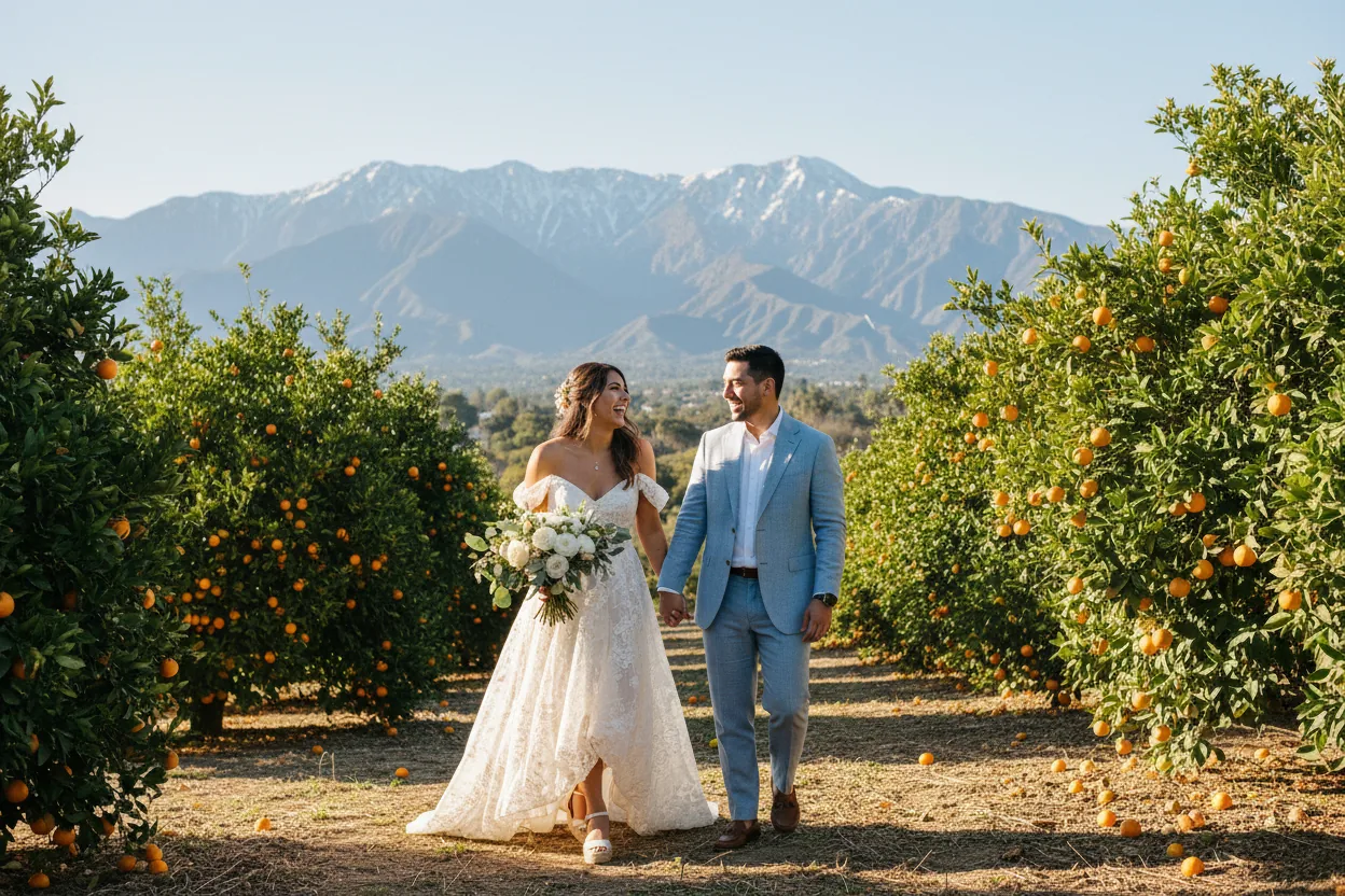 Wedding Photographer in Pomona, CA: newlyweds walking together in an orange citrus grove with the snow-capped San Gabriel Mountains behind, near Pomona