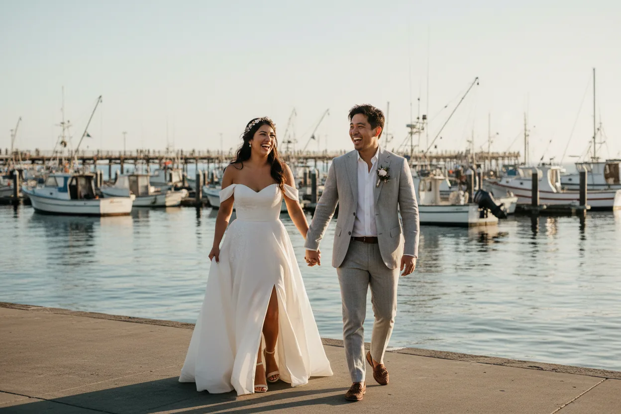 Wedding Photographer in Redondo Beach, CA: newlyweds walking together by the Redondo Beach harbor with fishing boats and a pier at golden hour