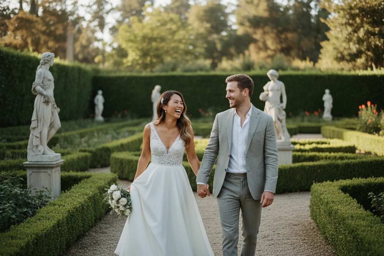 Wedding Photographer in San Marino, CA: newlyweds walking together in a formal botanical garden with clipped hedges and classical statues, San Marino