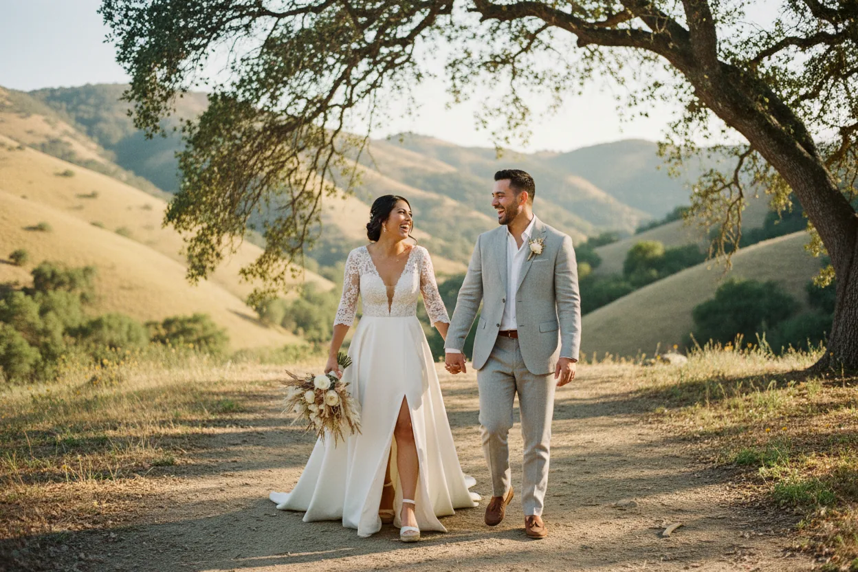 Wedding Photographer in Santa Clarita, CA: newlyweds walking together on a ranch with oak trees and golden canyon hills in Santa Clarita