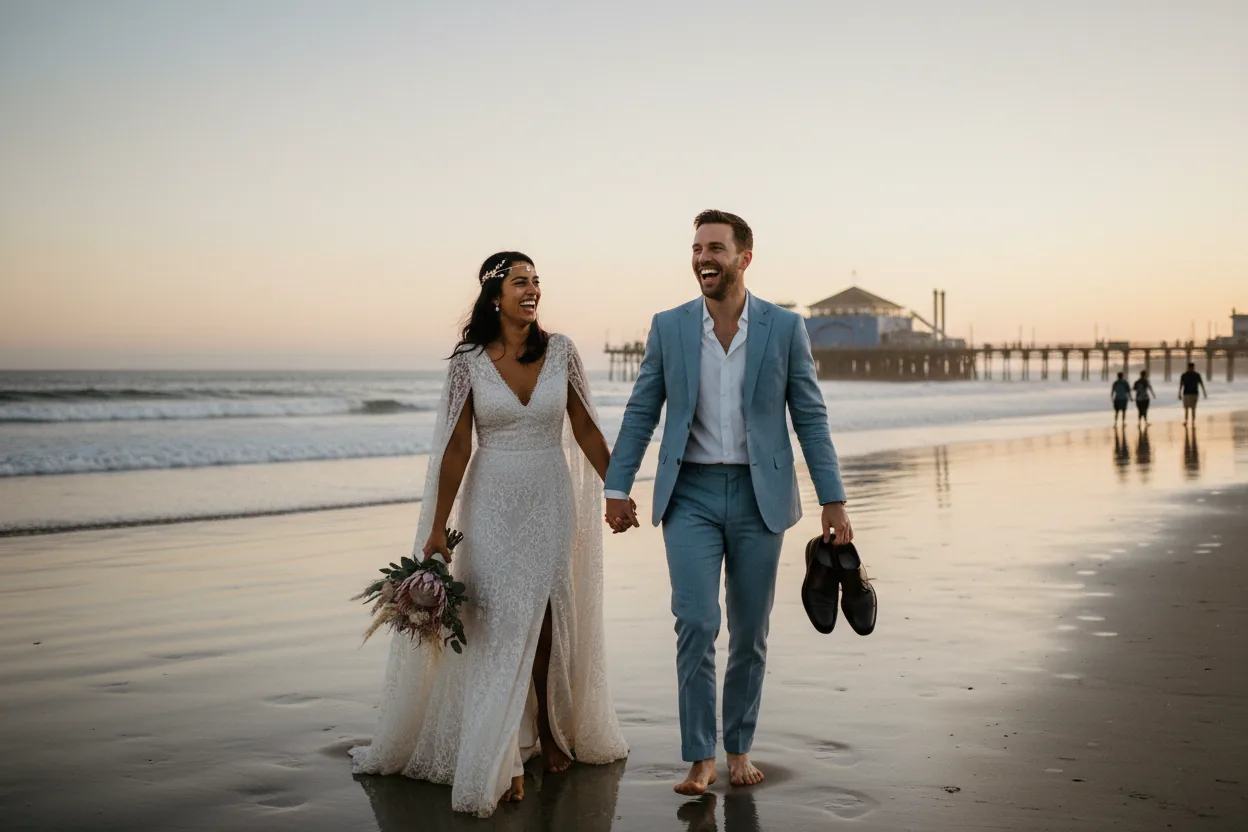 Wedding Photographer in Santa Monica, CA: newlyweds walking together on a wide Santa Monica beach at sunset with a classic wooden pier silhouette, no signage