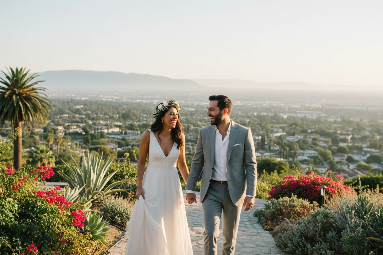 Wedding Photographer in Sherman Oaks: newlyweds walking together in a lush hillside garden estate with a valley view at golden hour, Sherman Oaks