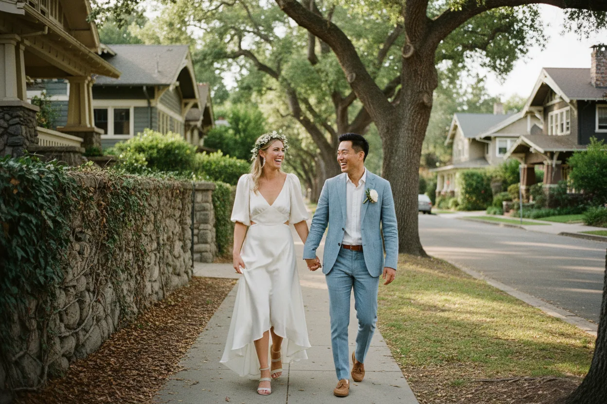 Wedding Photographer in South Pasadena, CA: newlyweds walking together along a leafy historic residential street with Craftsman porches and a stone wall in South Pasadena