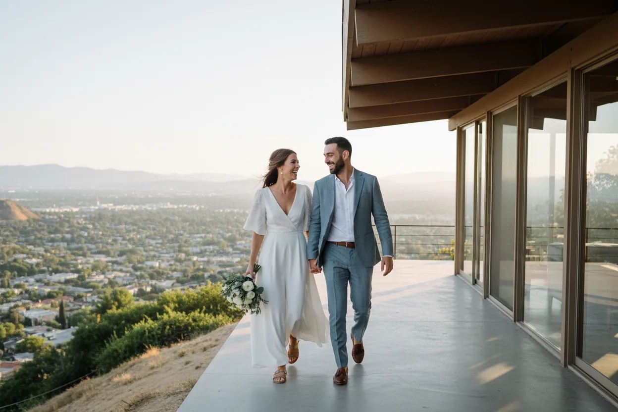 Wedding Photographer in Studio City: newlyweds walking together on a hillside terrace of a mid-century modern home overlooking the San Fernando Valley, Studio City