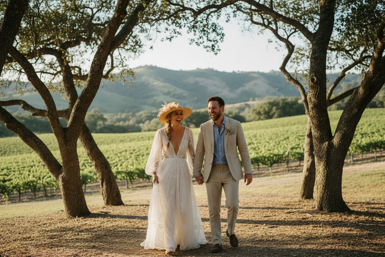Wedding Photographer in Thousand Oaks, CA: newlyweds walking together among oak trees and rolling green hills with a vineyard, Thousand Oaks