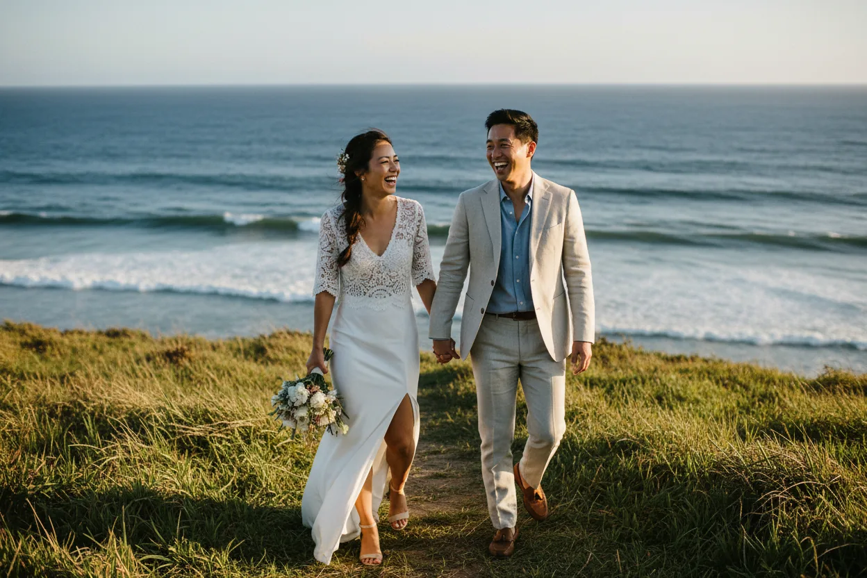 Wedding Photographer in Torrance, CA: newlyweds walking together on grassy coastal bluffs above Torrance Beach with the Pacific behind