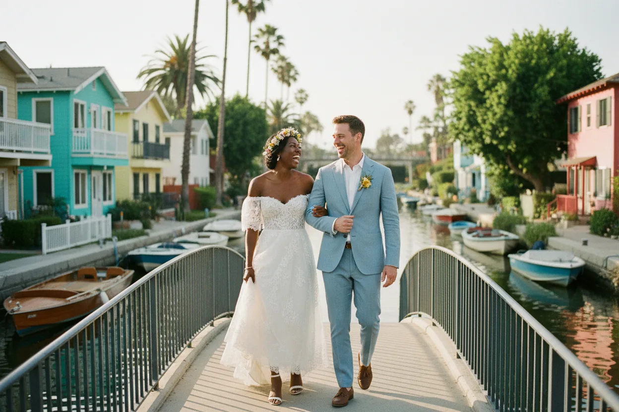 Wedding Photographer in Venice, CA: newlyweds walking together along a Venice, Los Angeles canal footbridge with small colorful bungalows and boats, sunny afternoon