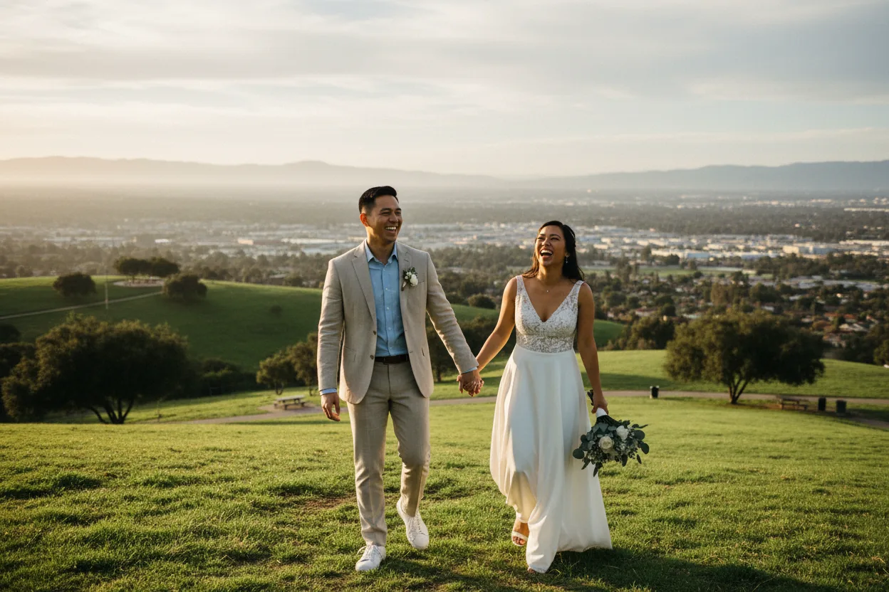 Wedding Photographer in West Covina, CA: newlyweds walking together on a green hillside park overlooking the San Gabriel Valley, West Covina