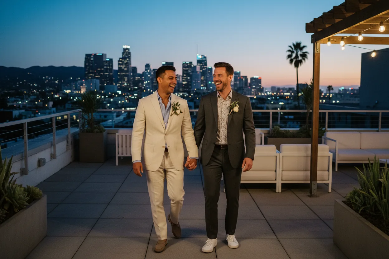 Wedding Photographer in West Hollywood, CA: newlyweds walking together on a stylish rooftop terrace with the Los Angeles skyline and Hollywood Hills at blue hour, West Hollywood