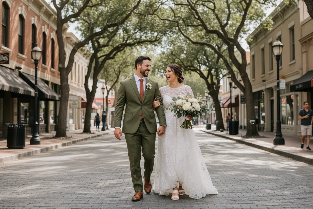 Wedding Photographer in Whittier, CA: newlyweds walking together on a historic uptown Whittier street with brick buildings and mature trees