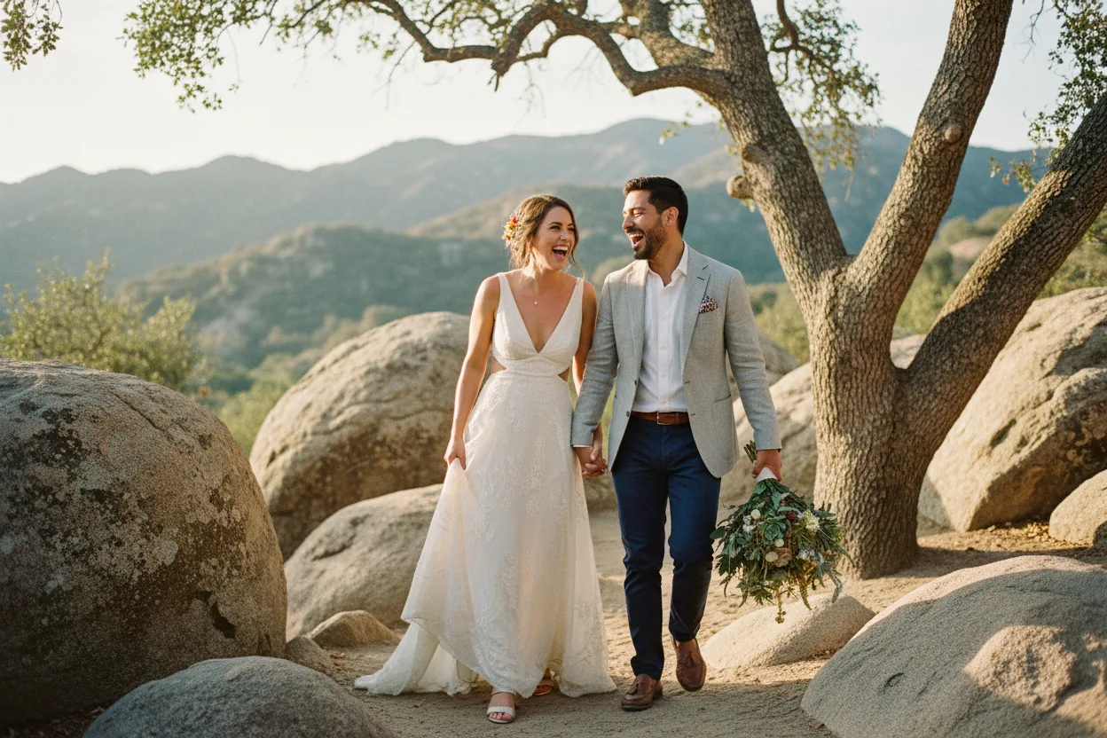Wedding Photographer in Woodland Hills: newlyweds walking together among sandstone boulders and oaks in the Santa Monica Mountains near Woodland Hills