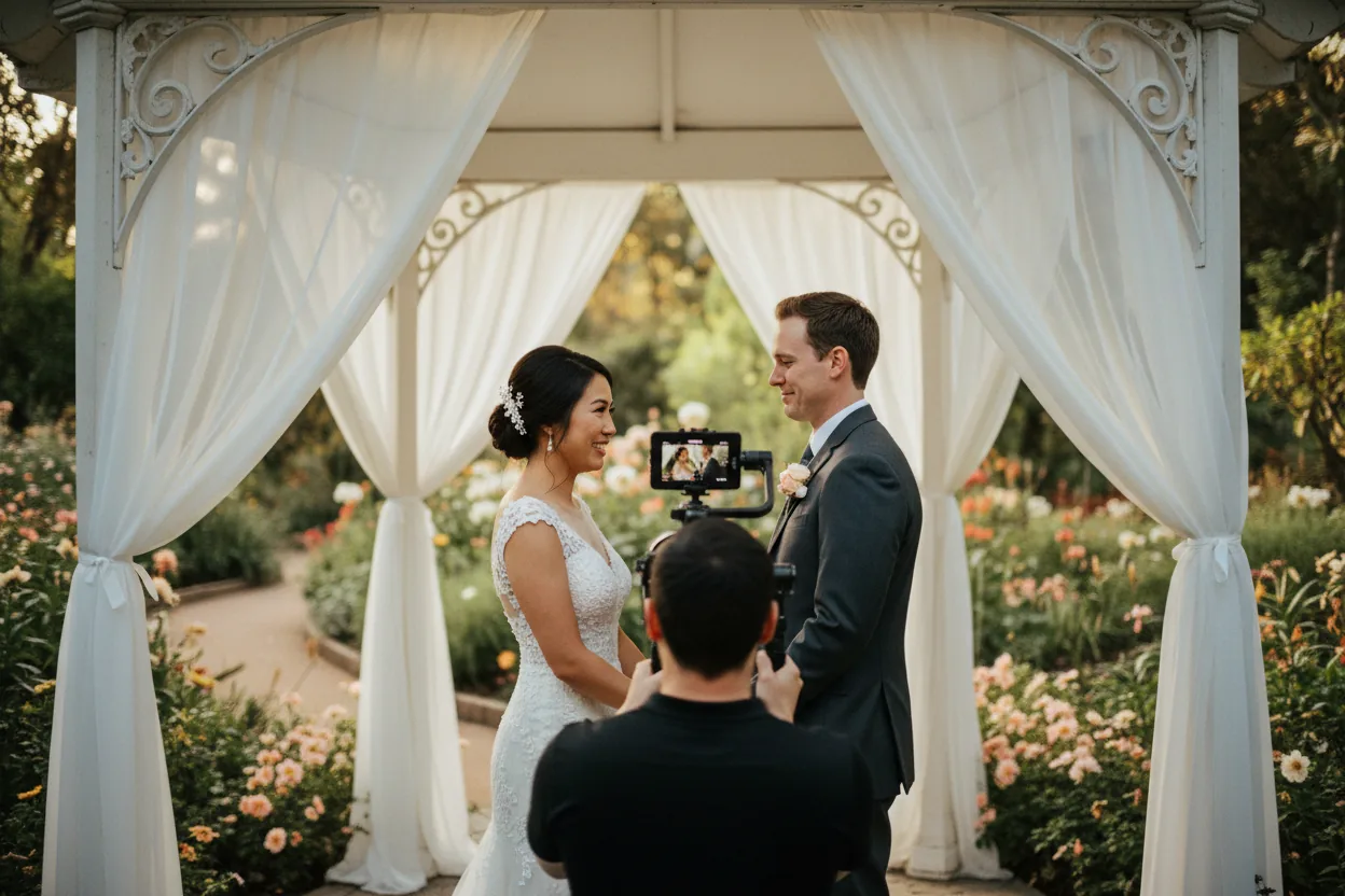 Wedding Videographer in Arcadia, CA: a videographer filming newlyweds under a white gazebo in a lush botanical garden in Arcadia