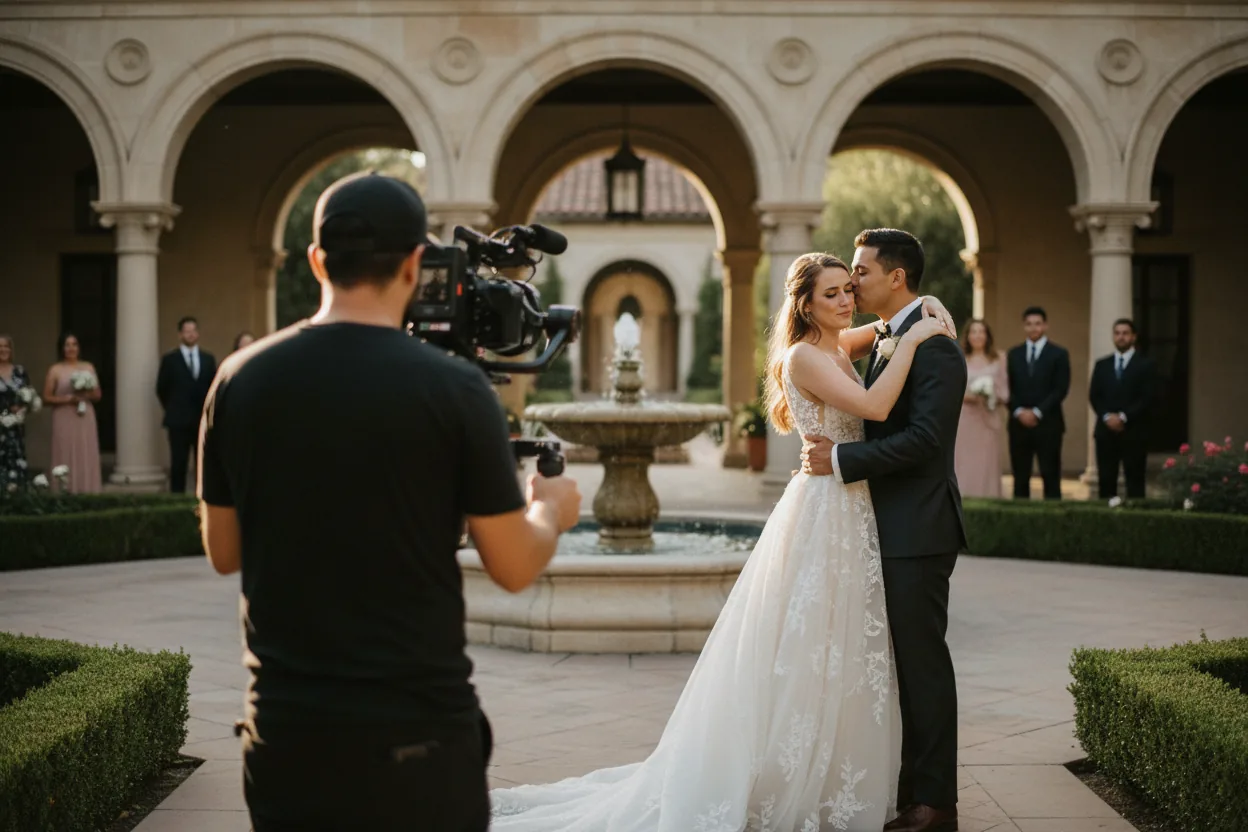 Wedding Videographer in Beverly Hills, CA: a videographer filming newlyweds in a formal Beverly Hills garden courtyard with Spanish Colonial arches and a fountain at golden hour