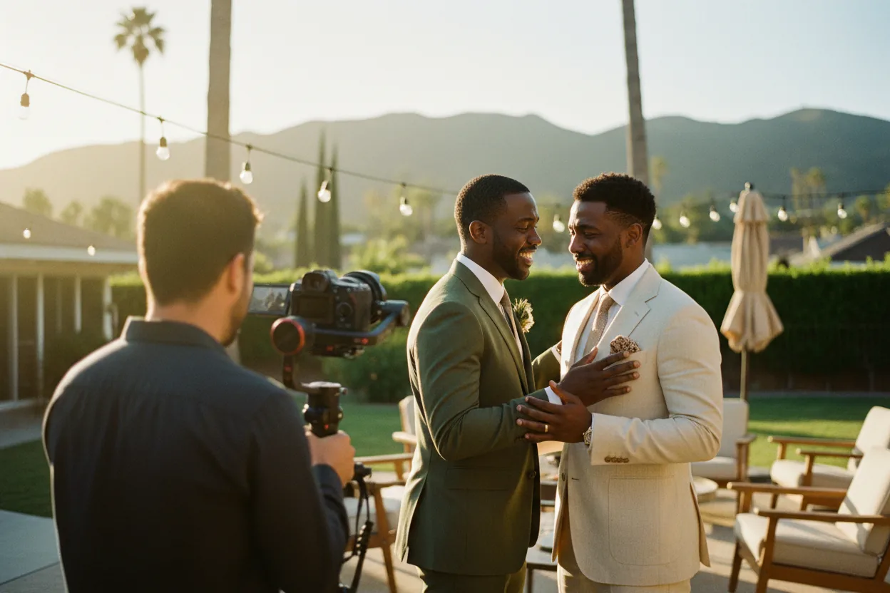 Wedding Videographer in Burbank, CA: a videographer filming newlyweds in a mid-century modern backyard reception with palm trees and the Verdugo hills, Burbank