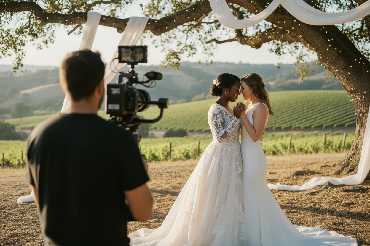 Wedding Videographer in Calabasas, CA: a videographer filming newlyweds at an outdoor vineyard ranch ceremony with oak trees and rolling hills, Calabasas