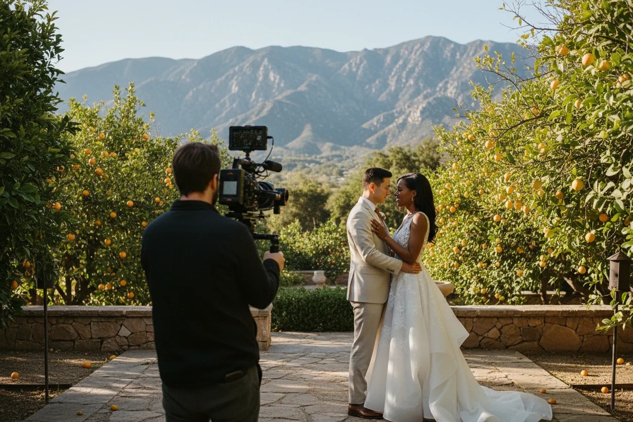 Wedding Videographer in Claremont, CA: a videographer filming newlyweds in a citrus-lined garden courtyard with the San Gabriel Mountains behind, Claremont