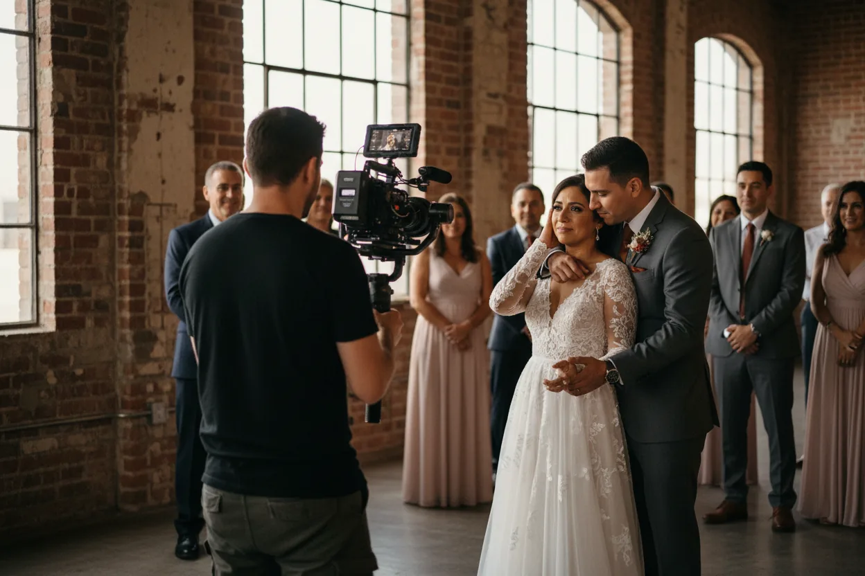 Wedding Videographer in Culver City, CA: a videographer filming newlyweds inside a creative industrial loft venue with exposed brick and big windows, Culver City