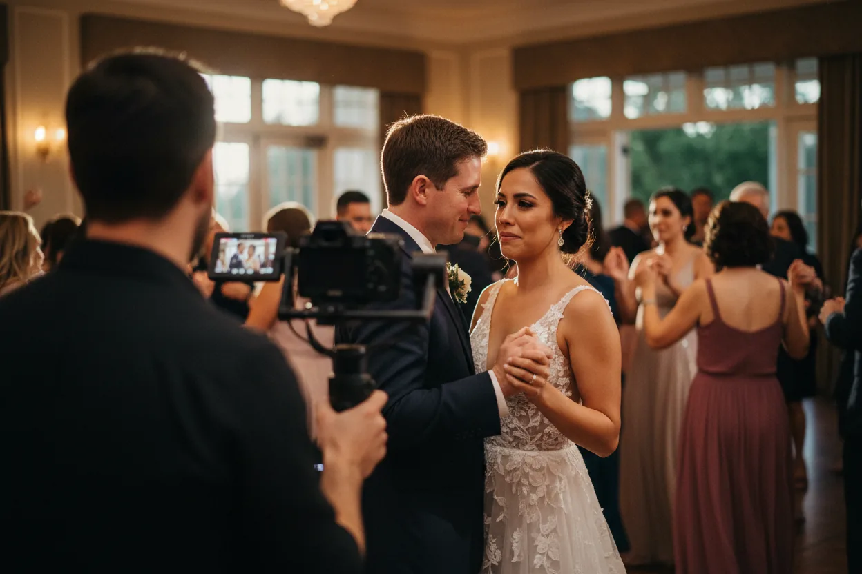 Documentary style wedding videographer Los Angeles filming a couple during a ballroom reception