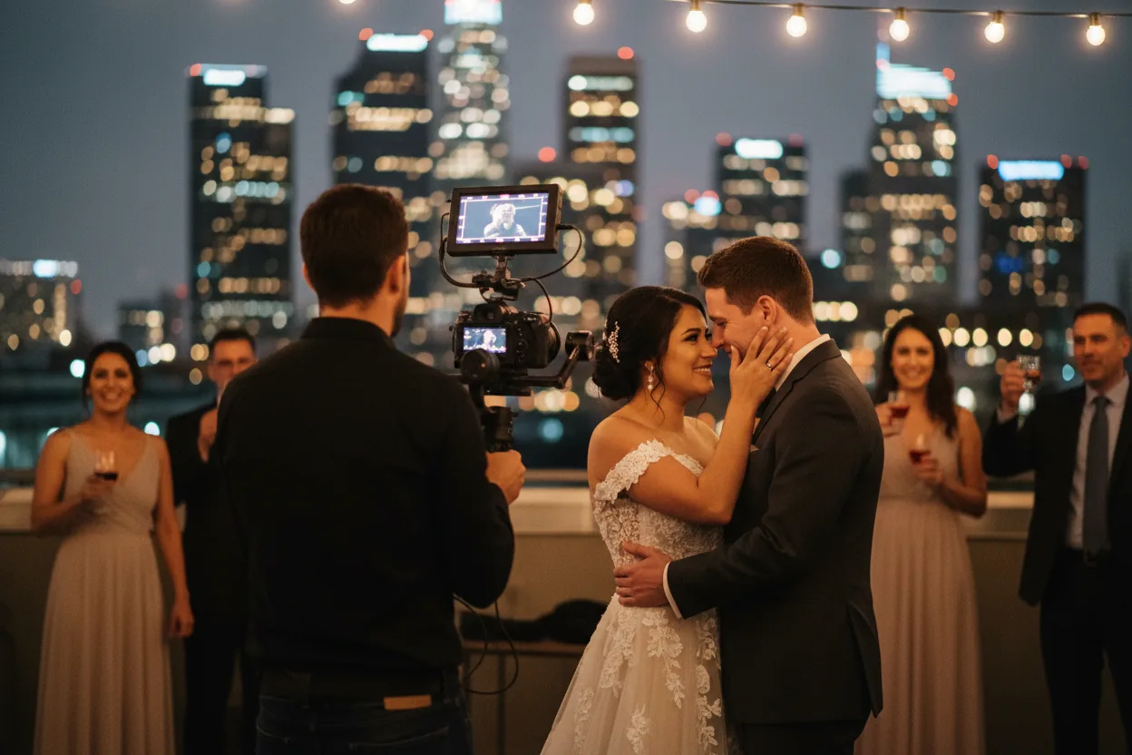 Wedding Videographer in Downtown Los Angeles: a videographer filming newlyweds at a rooftop reception with the Downtown Los Angeles skyline at night