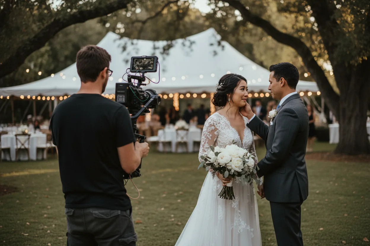 Wedding Videographer in Encino: a videographer filming newlyweds in a large Encino estate garden with a white tent reception