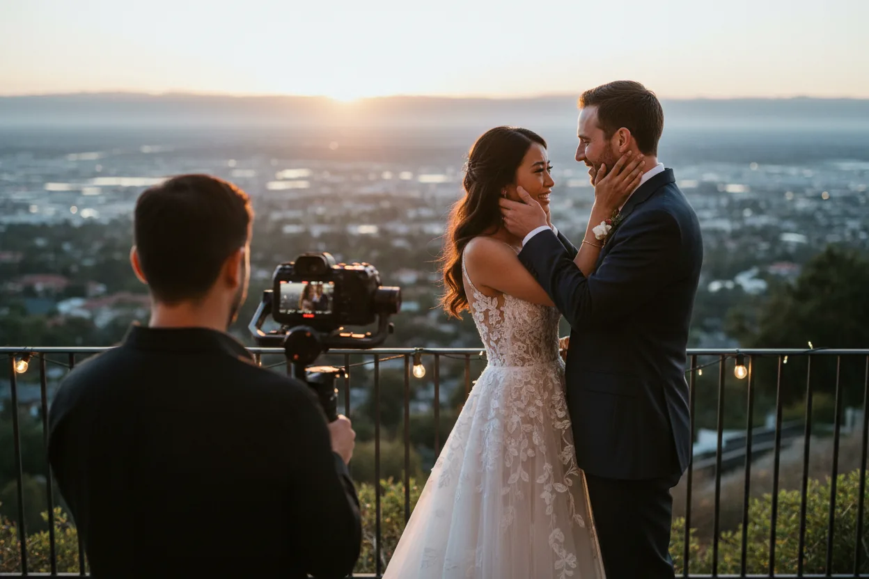 Wedding Videographer in Glendale, CA: a videographer filming newlyweds on a hillside terrace overlooking Glendale and the San Fernando Valley at dusk