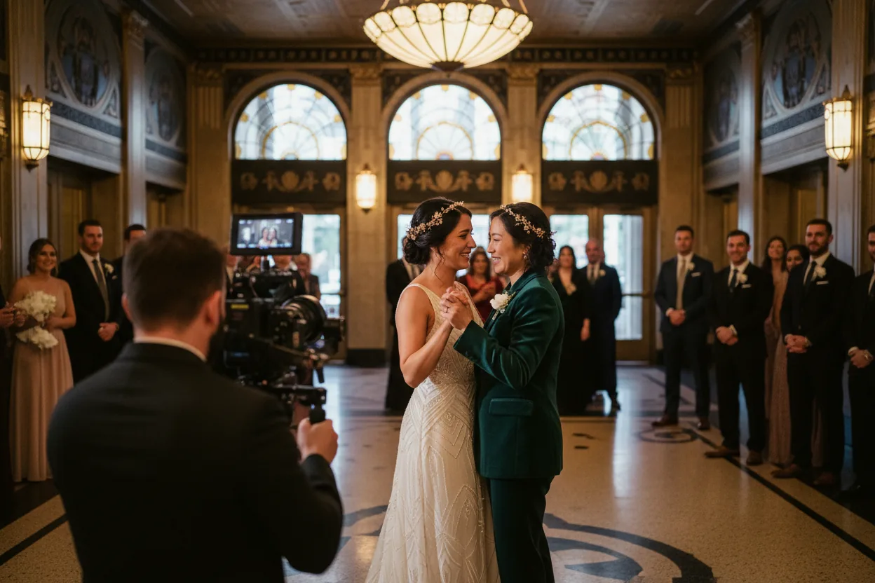 Wedding Videographer in Hollywood: a videographer filming newlyweds in an ornate historic art deco theater lobby in Hollywood with a couple dancing