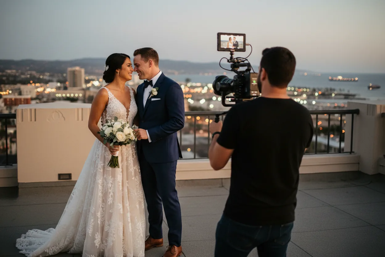 Wedding Videographer in Long Beach, CA: a videographer filming newlyweds on a historic art deco hotel rooftop overlooking the Long Beach harbor at dusk