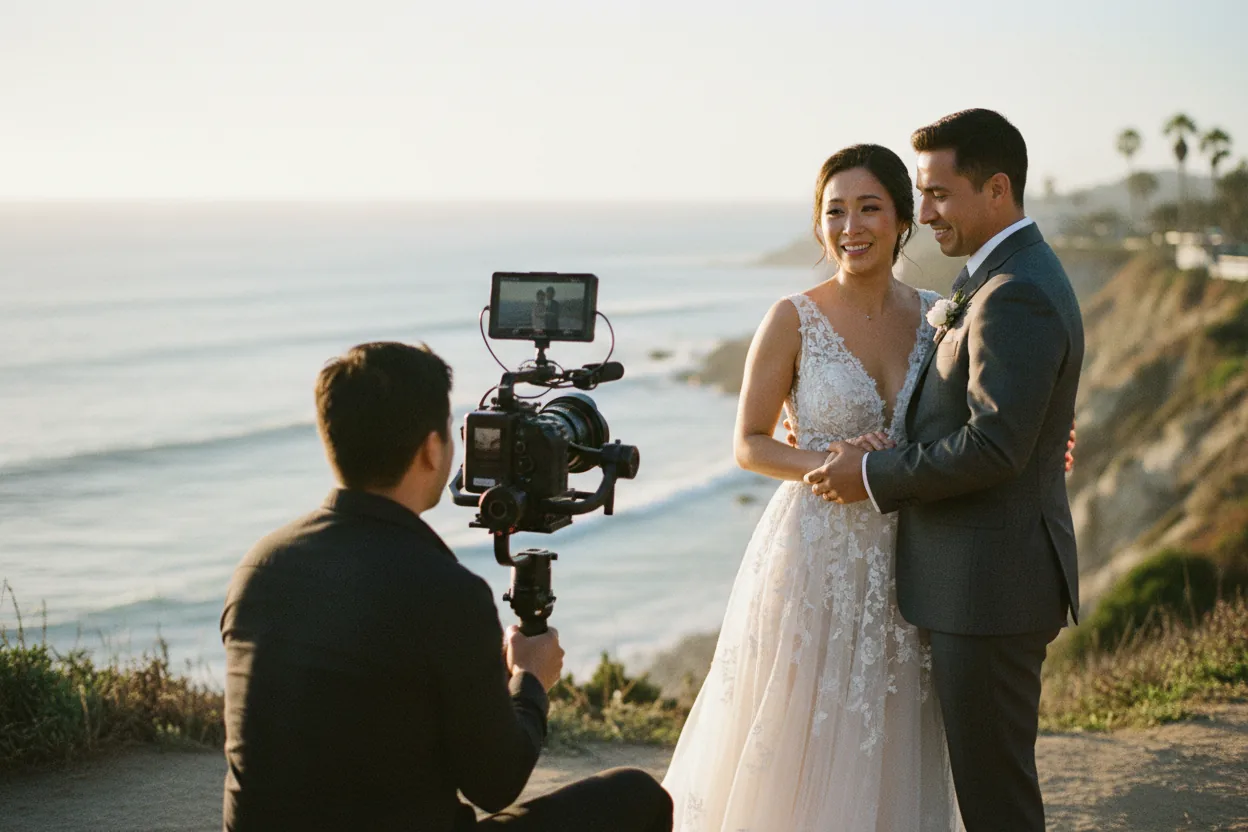 Wedding Videographer in Malibu, CA: a videographer filming newlyweds at a cliffside Malibu ceremony overlooking the Pacific Ocean
