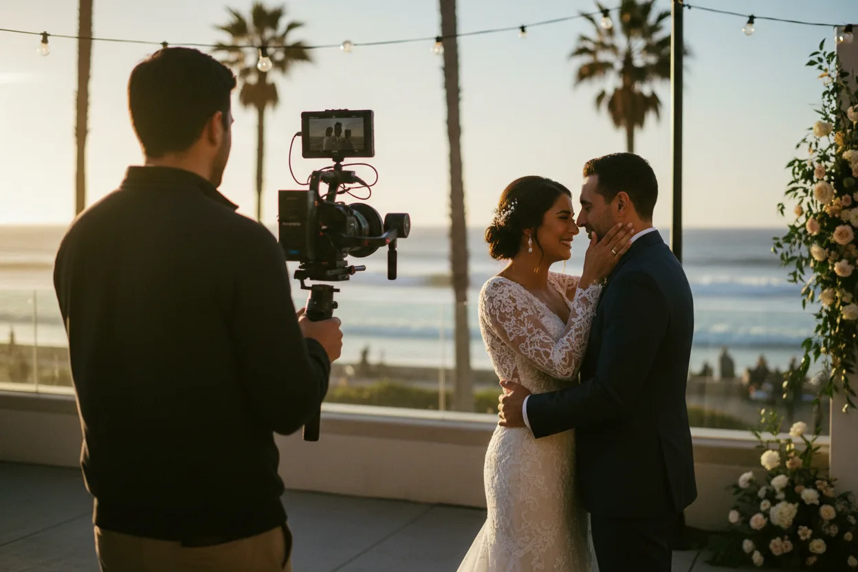 Wedding Videographer in Manhattan Beach, CA: a videographer filming newlyweds on a beachfront Manhattan Beach terrace reception at sunset
