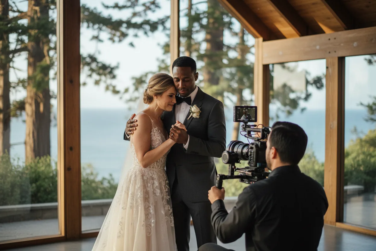 Wedding Videographer in Palos Verdes, CA: a videographer filming newlyweds at an ocean-view glass-and-wood chapel surrounded by redwoods on the Palos Verdes peninsula