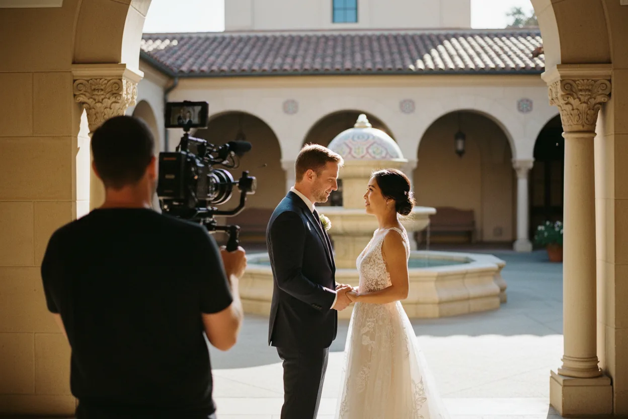 Wedding Videographer in Pasadena, CA: a videographer filming newlyweds in a sunlit Spanish Renaissance civic courtyard with arches, a fountain and a tiled dome, Pasadena, California