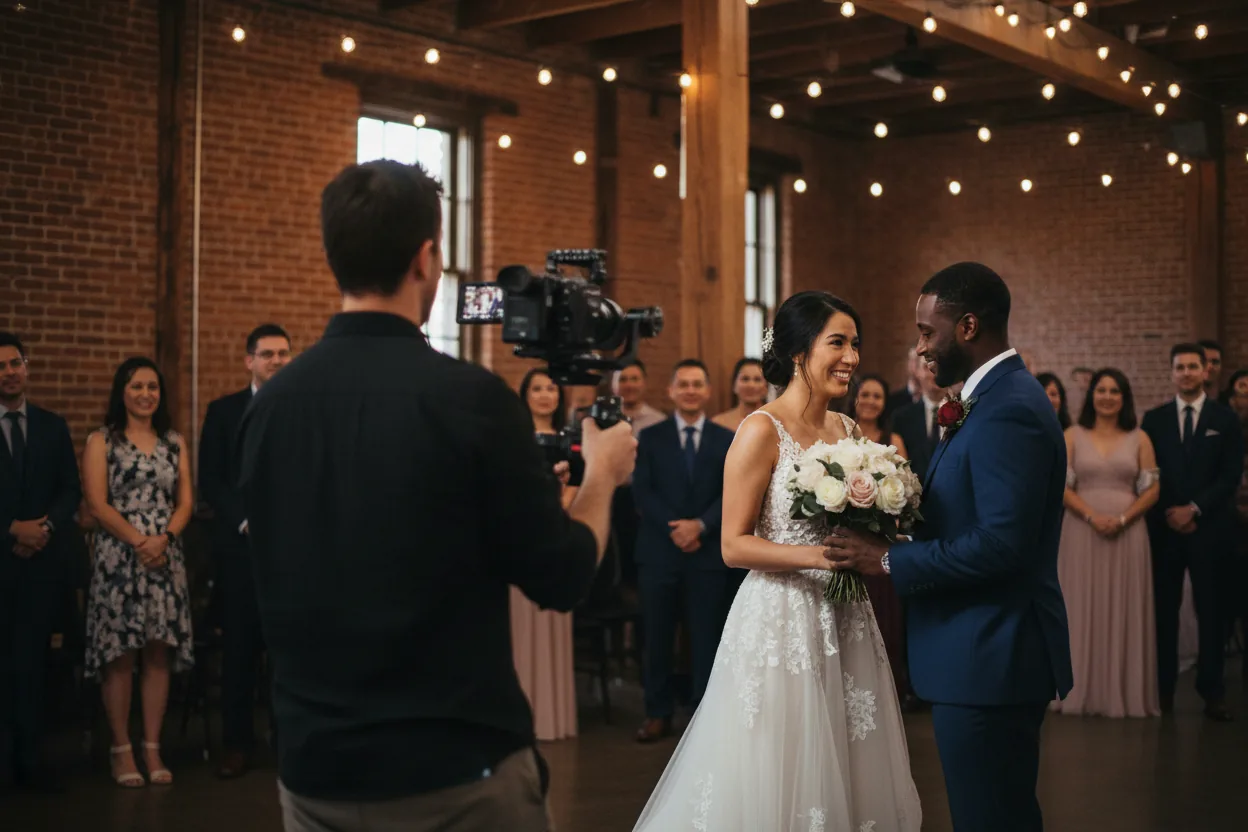 Wedding Videographer in Pomona, CA: a videographer filming newlyweds inside a restored historic brick-and-timber event hall with string lights in downtown Pomona