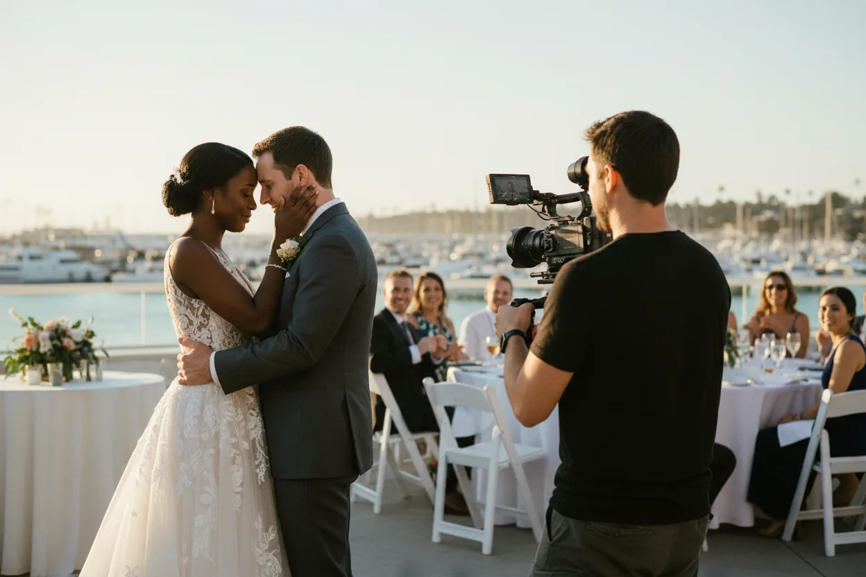 Wedding Videographer in Redondo Beach, CA: a videographer filming newlyweds on a waterfront patio reception overlooking King Harbor, Redondo Beach